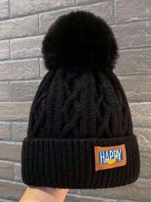 1pc Autumn Winter Thicken Knitted Beanie Hat, Women Warm Thermal Lined Ear Protection Casual Elegant Streetwear Polyester Hat With Letter, Bohemian Pattern Embroidery, Suitable For Cold Weather Halloween