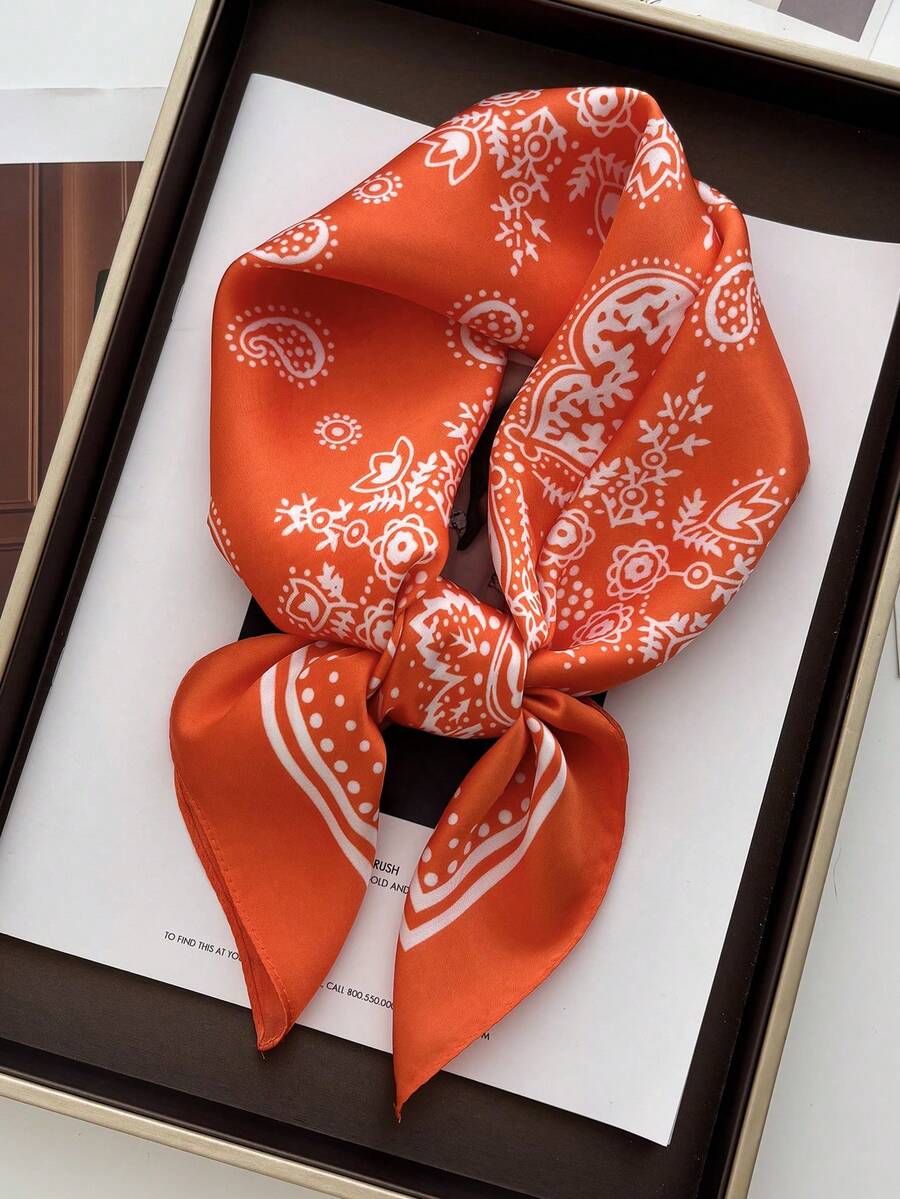 1pc Women Cashew Print Bandana Scarf, Silky Material Head/Neck Wrap, Suitable For Daily Use Hair Accessories Headbands For Women, School Stuff, College Autumn Accessories Fall Winter Hair Band Bows For Vacation Outfits Woman - Orange - View 1