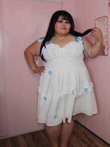 Enliva Karlangas.Toledo Plus Size Blue Ribbon Colorblock White Bustier Style Flared Short Dress Three-Dimensional Flower,Summer,Graduation,Wedding,Beach Dress Sundress,Holiday Outfits Boho,Corset Dress For Women, For Apple Rounded Body Shape