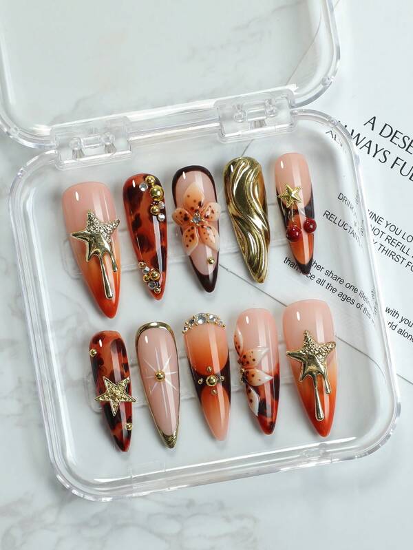 10 piezas de uñas postizas de punta francesa hechas a mano, uñas postizas de almendra mediana con decoración de estampado de leopardo y flor 3D, con accesorios de polvo de espejo mágico, estrella dorada, diseños de piedras rhinestone brillantes, uñas postizas de stiletto de cobertura completa reutilizables para uso diario de mujeres y niñas, suministros de uñas