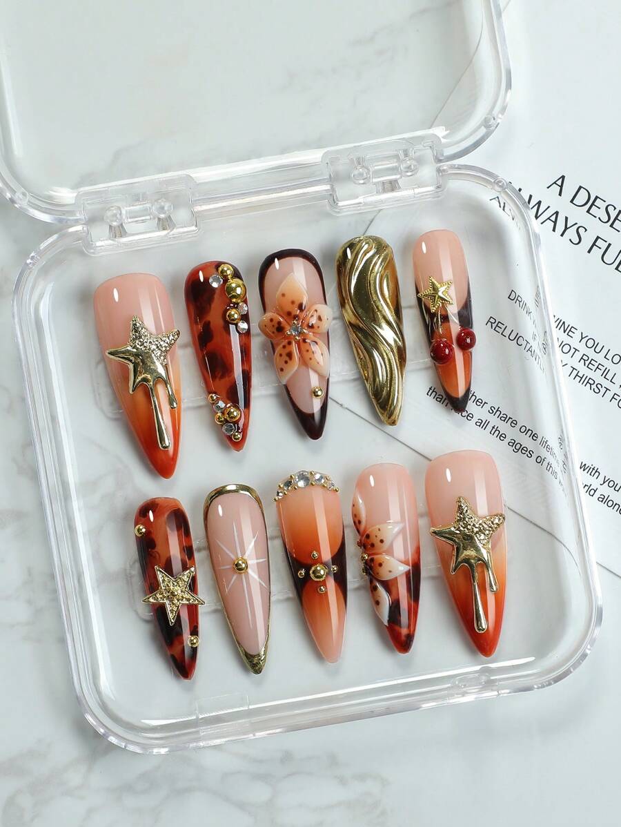 10 piezas de uñas postizas de punta francesa hechas a mano de medio tamaño de almendra, con decoración de estampado de leopardo y flor 3D, con accesorio de polvo de espejo mágico, estrella dorada y diseños con brillos, uñas postizas de estileto de cobertura completa reutilizables para uso diario de mujeres y niñas