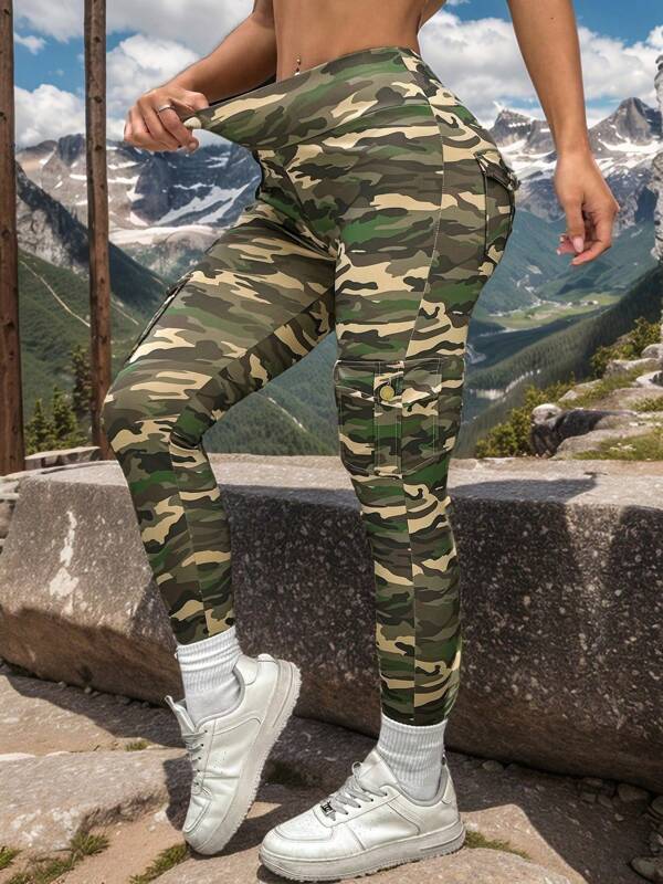 Leggings de sport de plein air à poches cargo de camouflage pour femmes, pantalon moulant de fitness de yoga taille haute levante