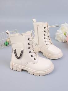 新款圆头儿童靴子休闲复古平底女童短靴防滑耐磨靴子女孩学生朋克靴 - 米色 - 查看 5