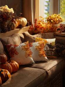 Pumpkin Maple Leaf Ghost Print Dot Embellishment Various Plants Patterns, Halloween Style, Color Autumn, Home Decoration, Throw Pillow - Soft And Comfortable Sofa Pillow For Living Room, Bedroom, And Car - Square Cushion Cover With No Pillow Core