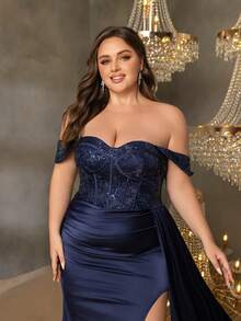 Faeriesty Elegancka, odsłaniająca ramiona, wysoko rozcięta, formalna suknia typu syrenka dla kobiet o większych rozmiarach - inspirowana projektantami suknia wieczorowa w dużych rozmiarach na wielkie wesela, uroczyste kolacje, ceremonie wręczania nagród, gale charytatywne i przyjęcia korporacyjne - Granatowy - Zobacz 5