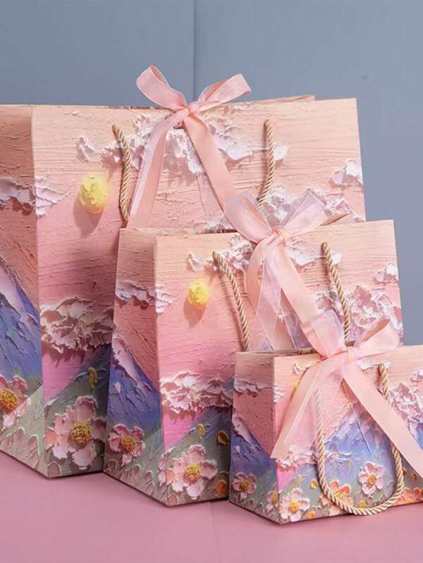 1/5pcs 3D Painting Style Paper Gift Bags With Ribbons, Portable Paper Gift Bags With Ropes, Cloud Flower Petals Cream Style, Birthday Gift Bags, Wedding Party Gift Bags, Assorted Sizes