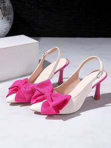 春夏新款欧美时尚高跟鞋，女士尖头小猫跟玫红色和白色撞色蝴蝶结露跟凉鞋，优雅蝴蝶结通勤性感派对度假，优雅 - 玫紅色 - 查看 8