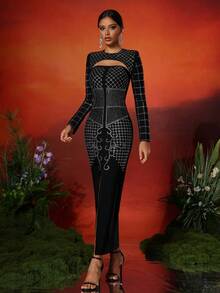 Love Aing Amor Aing 2 piezas vestido de fiesta de gala elegante y sexy con diseño de cuentas hecho a mano, vestido largo de noche maxivestido ajustado con efecto calado