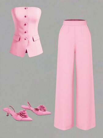 优雅女士两件套西装，无袖纯色背心 + 高腰口袋裤，适合日常休闲和通勤穿着