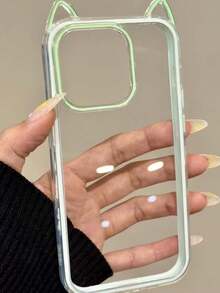 可爱 3D 猫耳透明手机壳 兼容 16 15 14 13 Pro Max 卡通猫耳防震后盖 - 綠色 - 查看 2