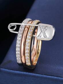 1 pezzo Anello da donna unico con design a 3 anelli e un singolo ago, decorato con zirconia cubica