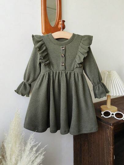 女婴复古优雅花卉荷叶边领纹理长袖连衣裙，适合外出或休闲穿着，春秋季