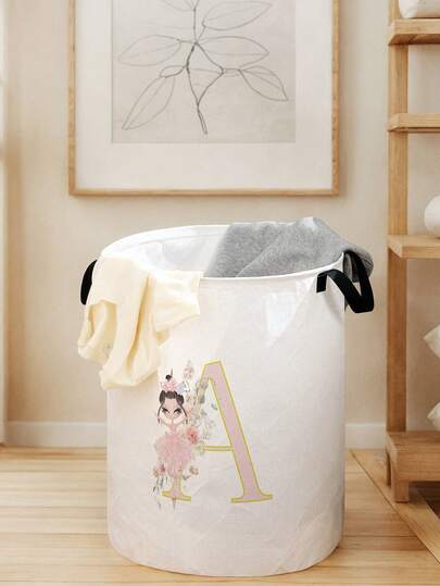 1 件大容量可折叠圆形储物篮带手柄，字母印花设计，多用途储物箱，适用于育儿室、婴儿尿布、衣服和用品整理，可折叠储物箱