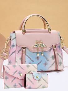 Set Includes Fashionable Women Letter Contrasting Color Shoulder Bag & Handbag , Purple - Purple - View 8