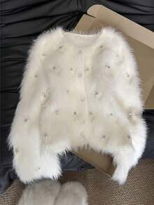 女士柔软仿貂绒毛外套 秋冬万圣节/圣诞节毛绒针织开衫 甜美长袖外套 - 白色 - 查看 2