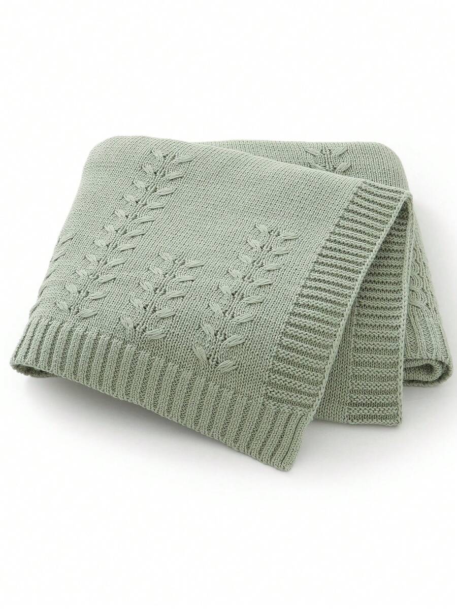 1pc Infant Knitted Solid Color Blanket, Baby Leaf Pattern Throw Blanket, Simple Design For All Seasons - Light Green - View 1