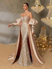 Faeriesty Abito da sera elegante con maniche a palloncino, orlo a sirena, raso con strascico, decorato con paillettes, adatto per eventi da red carpet, grandi gale, ricevimenti, banchetti e cerimonie - Champagne - Visualizzare 8