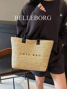 Bolso de paja casual de gran capacidad para vacaciones, bolso de hombro elegante y sencillo para mujer - Negro - Ver 4