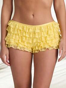 Women's Layered Lace Shorts Casual Stylish Solid Elastic Low Rise Shorts For Spring/Summer - 黃色 - 查看 5