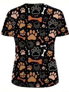 Women's Allover Print Scrub Top With Dog Paw Print & Bone Pattern, 2 Pockets, Comfortable T-Shirt Suitable For Healthcare Professionals - Soft, Breathable, Practical Uniform For Hospitals, Dental Clinics, Salons And Facilities, Nursing Workwear - Brown - View 2