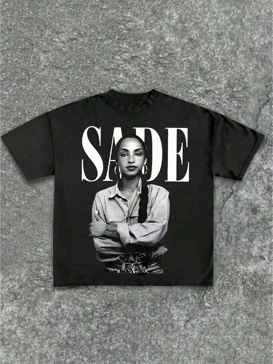 Unisex Casual T-Shirt With Sade - Themed Portrait Print Casual Soft Short Sleeve Pure Cotton 220gsm T - Shirt - 黑色 - 查看 1