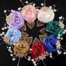 男士金叶与优雅仿珍珠缎面玫瑰藏蓝色翻领花朵婚礼西装胸针配饰 XH1107 情人节配饰 - 胸花 - 查看 4