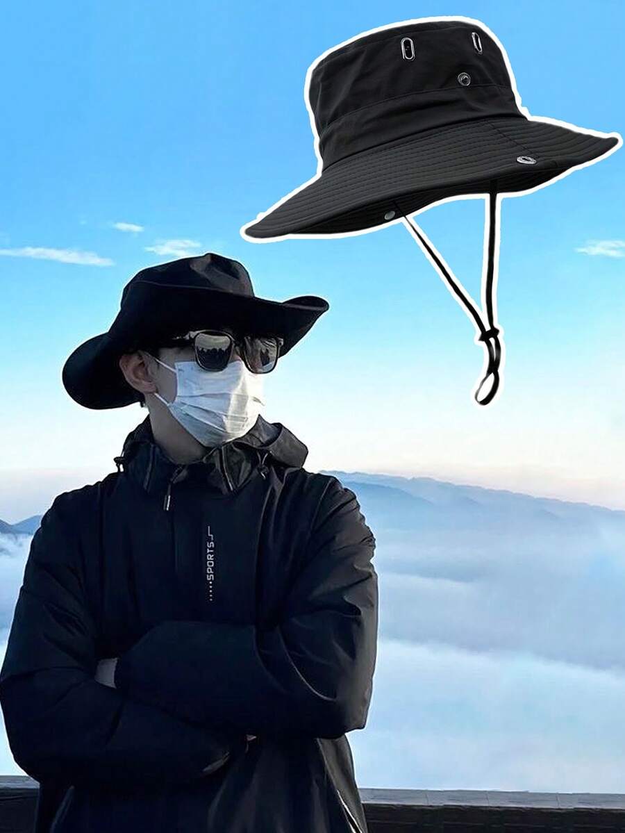 1 件男士纯色抽绳遮阳渔夫帽，户外休闲风格时尚舒适可调节帽子，适合春夏季、休闲、旅行、海滩、青少年 Y2K 风格、返校季 - 黑色 - 查看 1