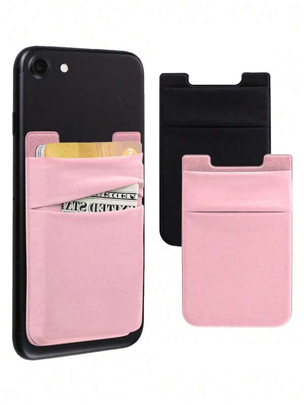 2pcs Lycra Card Sticker Self-Adhesive Phone Card Holder Case With Dual Card Slots (2 Colors Available: Pink, Black)