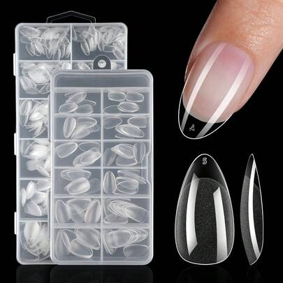 120/240 件短杏仁指甲片软凝胶透明凝胶指甲片半哑光全覆盖指甲片丙烯酸预锉按压假指甲片用于指甲延长家庭 DIY 美甲按压指甲美甲用品