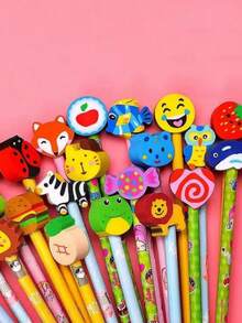 48pcs Cartoon HB Pencils With Cute Erasers, Back To School Stationery Set, Includes Random Mix Of Cartoon Pencils With Adorable Erasers, Suitable As Back To School Gift For Students And Kids (12pcs/24pcs/48pcs) - Multicolor - View 6
