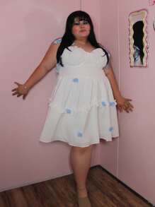 Enliva Karlangas.Toledo Plus Size Blue Ribbon Colorblock White Bustier Style Flared Short Dress Three-Dimensional Flower,Summer,Graduation,Wedding,Beach Dress Sundress,Holiday Outfits Boho,Corset Dress For Women, For Apple Rounded Body Shape