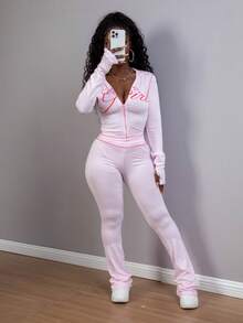 女士休闲印花“女孩”拉链连帽衫和裤子套装，街头风运动长袖两件套，适合派对和聚会穿着，秋季粉色春季 - 粉色 - 查看 4