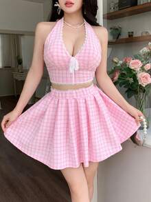 2pcs/Set Pink Lace Sexy Deep V-Neck Tie-Up Backless Top & Pleated Tennis Skirt, Made Of Jacquard Knit Fabric, Casual Sporty Style, Young & Sexy Girl Look, Spring/Summer New Women Outfit - Pink - View 4