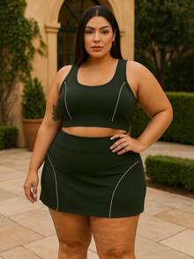 Top + Shorts Skirt Set Workout Gym Plus Size Women's Clothing - 軍綠色 - 查看 3
