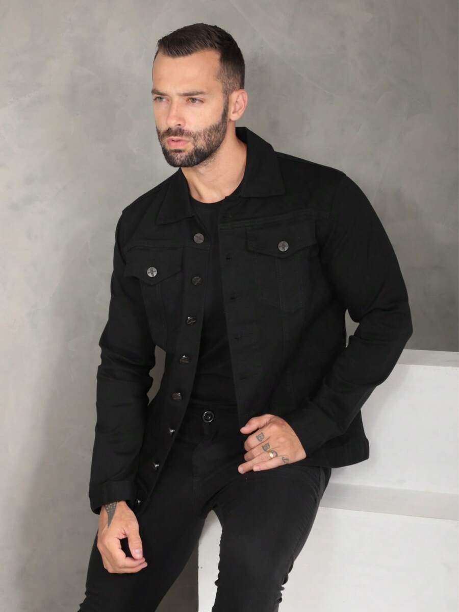 Men's High Quality Denim Jacket, Plain Black Premium - Plain Black - View 1