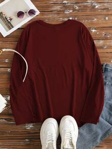 简约百搭咖啡字母图案女士圆领长袖宽松T恤，适合日常、居家、四季、毕业、教师、返校