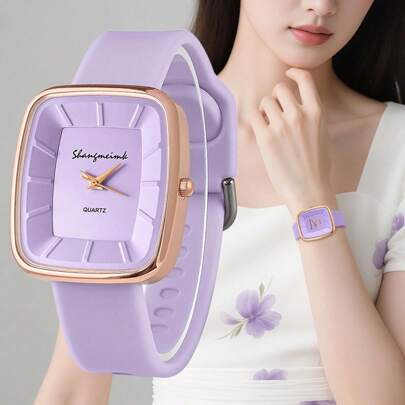 New Women's Vibrant Candy Color Silicone Strap Quartz Watch, Rectangular Case With Markers, Back To School Gift, Ladies Student Watch, Minimalist Casual Daily Wear