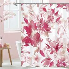 优质浴帘，蓝绿色水彩花卉浴帘，植物叶子与花朵浴帘，适合秋季装饰浴室装饰，白色现代布艺植物防水浴帘 - 粉色 - 查看 1