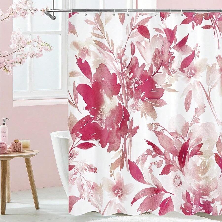 优质浴帘，蓝绿色水彩花卉浴帘，植物叶子与花朵浴帘，适合秋季装饰浴室装饰，白色现代布艺植物防水浴帘 - 粉色 - 查看 1