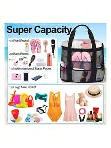 Mesh Beach Bag Large Beach Tote Bag, Multi-Use Organizer With Zipper Closure, Foldable Handy Large Mesh Tote Bag Lightweight For Family Beach Bag For Toys & Vacation Essentials, Suitable For Teen Girls Women College StudentsHoliday,Beach,Vacation,Outdoors, Travel, Outings - Multicolor - View 5