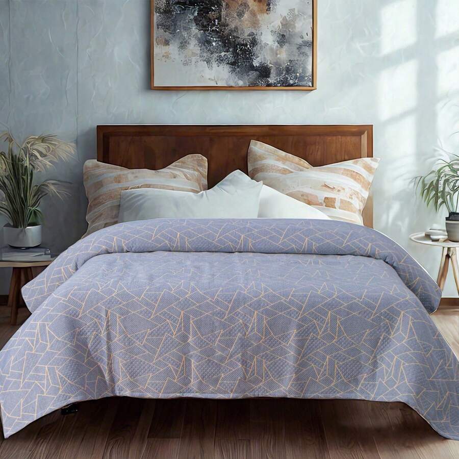 Lightweight Muslin Blanket – 3-Layer Cotton Quilt For Adults, Soft And Cozy For Bed Or Sofa. Bedding Sets, Bed Sheets, Fitted Sheets, Queen Sheets / King Sheets, Sheet Set, Duvet Covers. - 藍色和黃色的三角形 - 查看 1