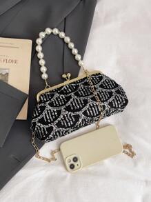 1 件黑色喇叭形纹理亮片网状夹扣珍珠手柄包，高端奢华礼服婚礼派对手拿包，女士，2025 年春夏