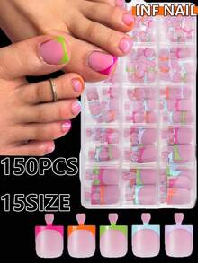 150片法式简约风格美甲方形全贴假指甲套装，混色法式指甲贴纸方形短款设计，高光泽装饰，高品质全覆盖，易于粘贴，美甲爱好者的绝佳选择，配有收纳盒，可单色或混色按压指甲美甲用品美甲 - 紫色 - 查看 1