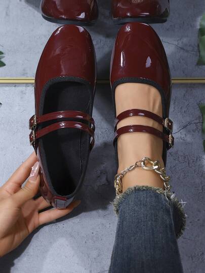 Women's Square Toe Buckle Flat Shoes, Solid Color, Fashion Resort Avant-Garde Bohemian Casual Cute Sexy Buckle Flat Shoes, Suitable For Wedding, Party, All Seasons