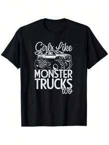 Girls Monster Truck T-Shirt For Mom And Daughter Jam Fans Fine Cotton Round Neck T-Shirt Creative Cool Color Pattern Printing 100% Pure Cotton 180g Fabric Weight Regular Size S-XXXL T-Shirts - màu đen - Xem 2