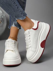 Spring And Summer New White Shoes For Women All-Match Round Toe Color Matching Thick Bottom Heightening Sports Casual Sneakers For Women - Đỏ - Xem 2