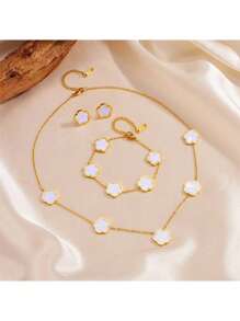 1 Set Of Fashionable White New Stainless Steel Plant Mother-Of-Pearl Five-Leaf Flower/Four-Flower Stud Earrings/Bracelet/Necklace Jewelry Set