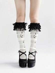 1 par de calcetines hasta la rodilla con volantes de encaje y notas musicales estilo Kawaii Lolita para mujer, para primavera/verano, Y2k - Multicolor - Ver 6