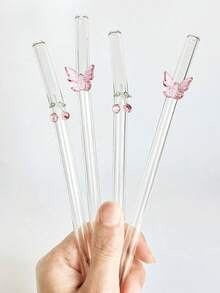 1/2/4Pcs Reusable Glass Straws With Pink Butterfly/Bow Shapes, Shatter Resistant And Heat-Resistant Glass Drinking Straws With Cleaning Brushes, For Cold Drinks, Milk Tea, Coffee, Juice, Smoothies, Kitchens, Restaurants, Cocktail Parties, Back-To-School, Girlfriends/Boyfriends, Parents, Friends, Holiday Supplies,New Year, Valentine's Day. - Pink - View 11