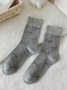 5 أزواج (شحن عشوائي) جوارب نسائية عصرية ، جوارب متوسطة الساق مع زخرفة فيونكة رقيقة ، متعدد الاستخدامات لجميع المواسم